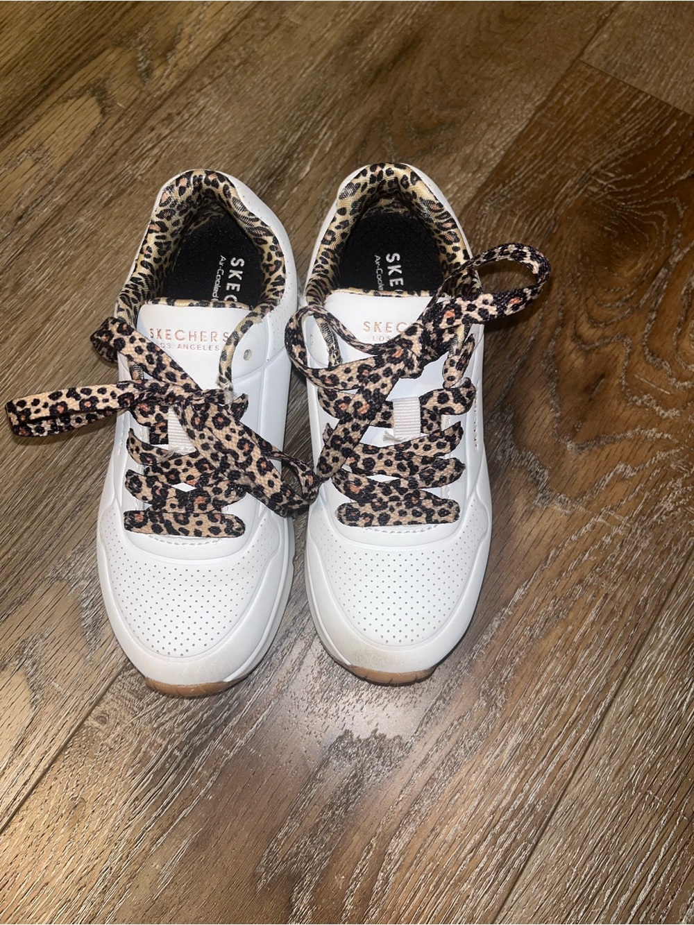 Skechers White Kids Sneakers with Leopard Accent Laces